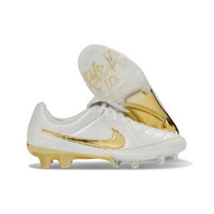 R10 FG en blanco con detalles dorados y firma de Ronaldinho