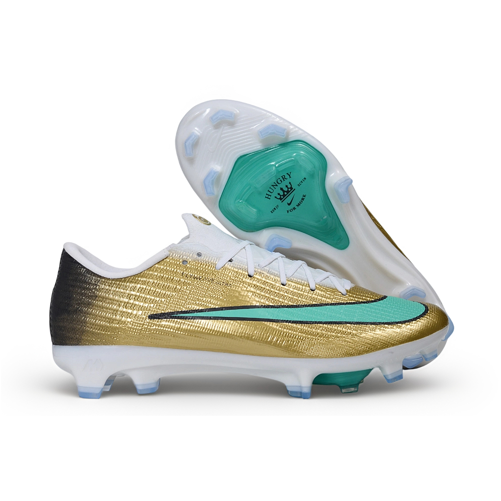 Mercurial Superfly 11 KM dorado metálico con blanco y verde menta, edición Hungry For More para pasto natural.